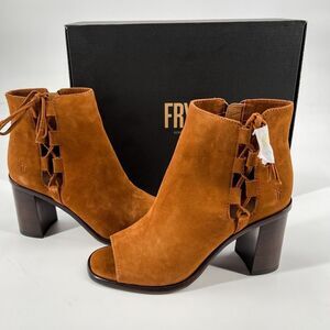 Frye Amy Side Ghillie Lace Up Suede Leather Block Heel Boot Bootie Nutmeg